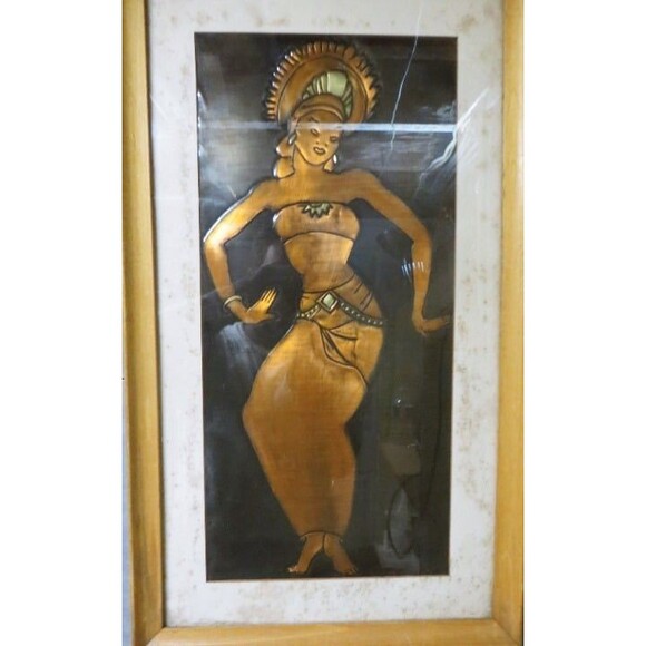 Vintage Copper Relief Framed & Matted Wall Art - Hindu / African 19 x 11" - Picture 4 of 4
